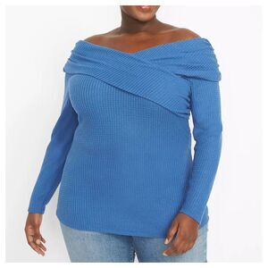 34/36 (6X) Lane Bryant Blue Off-The-Shoulder Waffle Knit Top